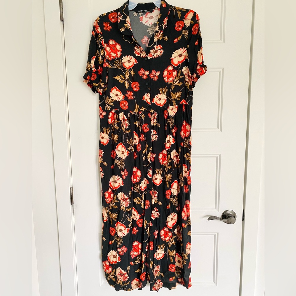 Zara Black Red Floral Midi Dress Size Medium